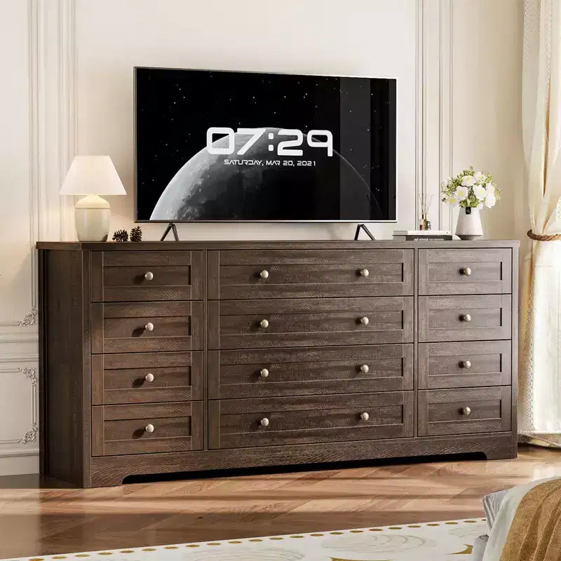 Commode en bois moderne à 12 tiroirs pour chambre à coucher, 160 cm de large, meuble de rangement et meuble TV, grand buffet de rangement, idéal pour salon, couloir