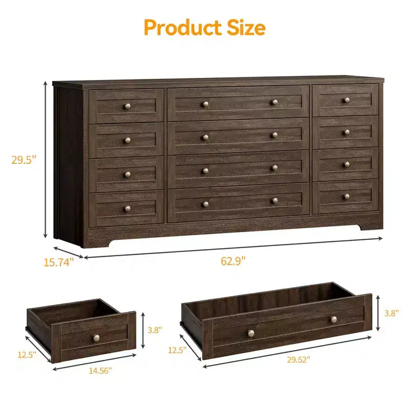 Commode en bois moderne à 12 tiroirs pour chambre à coucher, 160 cm de large, meuble de rangement et meuble TV, grand buffet de rangement, idéal pour salon, couloir