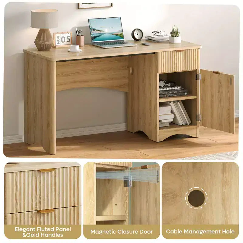 Bureau informatique 47 po avec tiroir, bureau moderne pour la maison avec armoire de rangement, bureau d'étude cannelé pour petits espaces