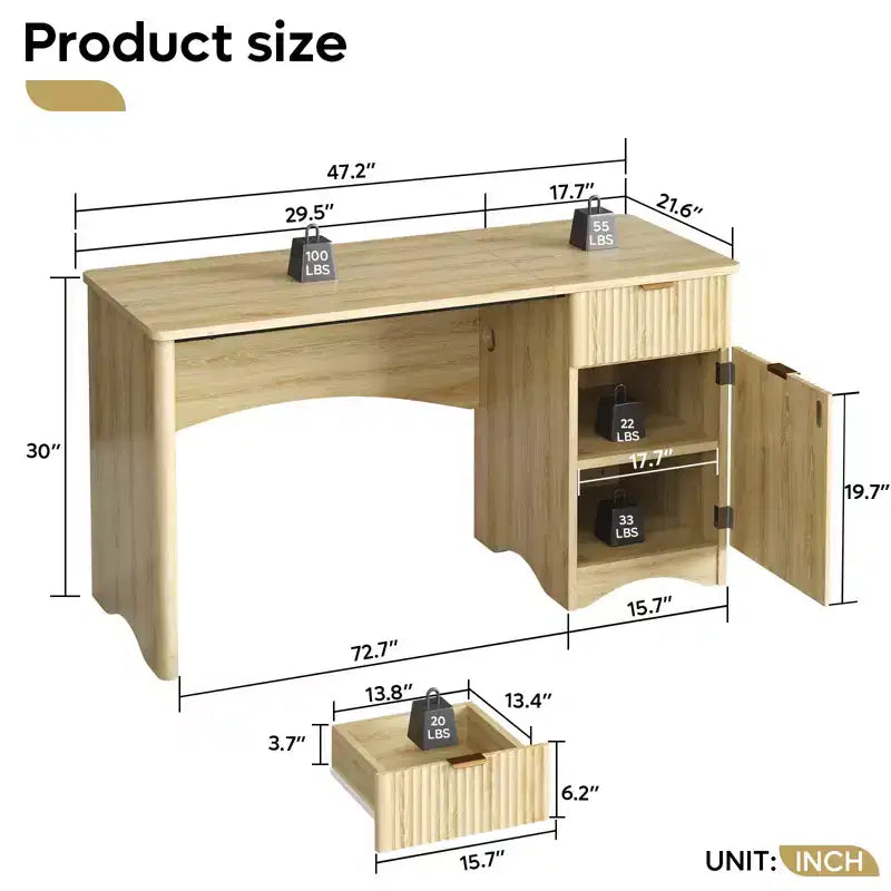 Bureau informatique 47 po avec tiroir, bureau moderne pour la maison avec armoire de rangement, bureau d'étude cannelé pour petits espaces