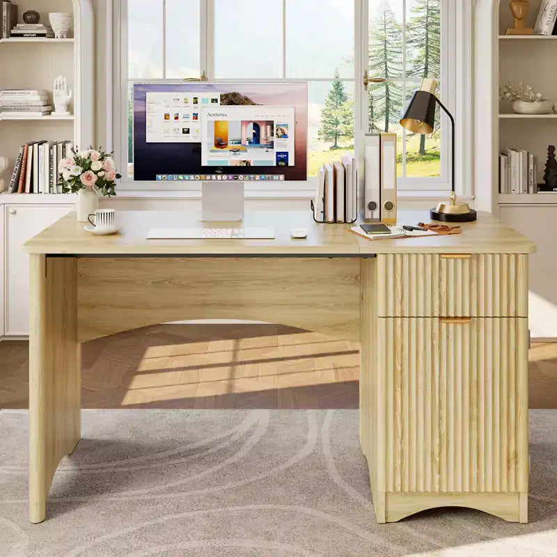 Bureau informatique 47 po avec tiroir, bureau moderne pour la maison avec armoire de rangement, bureau d'étude cannelé pour petits espaces