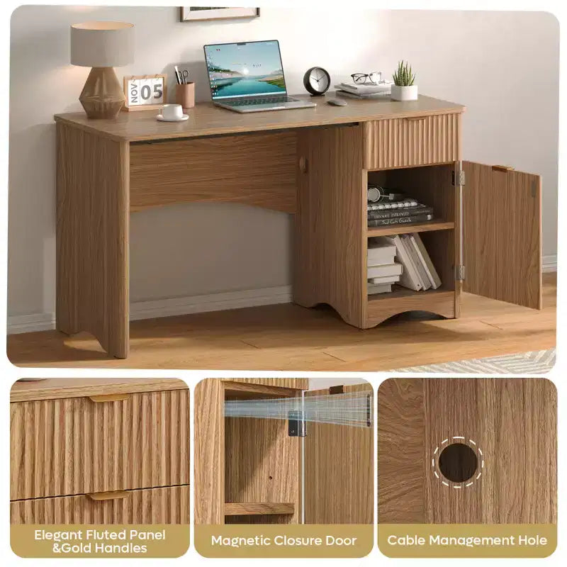 Bureau informatique 47 po avec tiroir, bureau moderne pour la maison avec armoire de rangement, bureau d'étude cannelé pour petits espaces