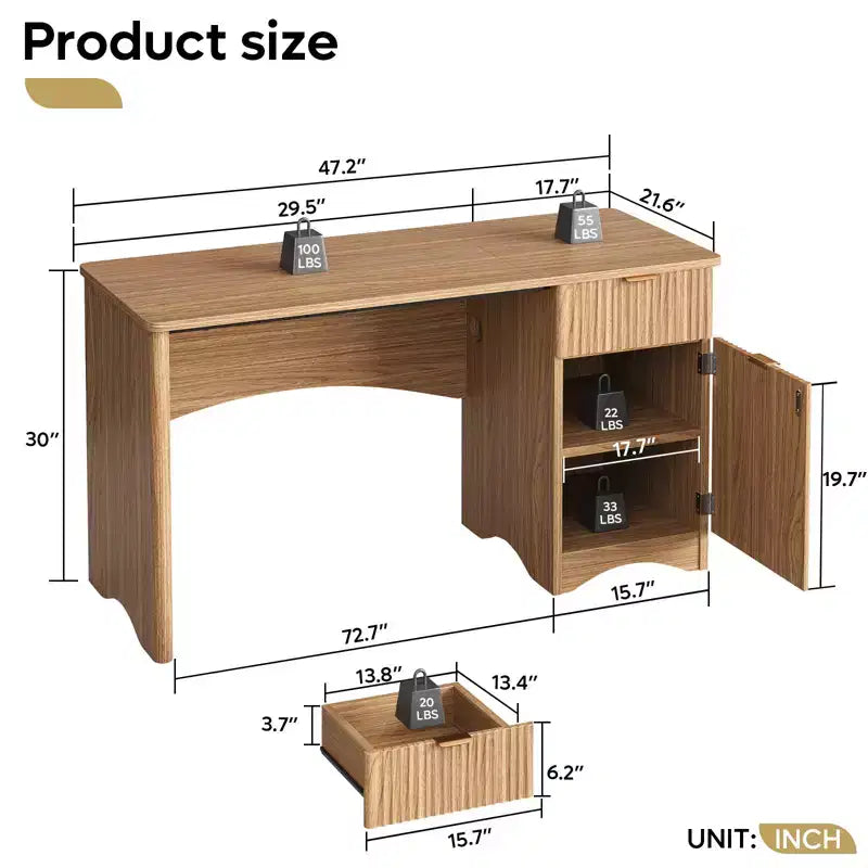 Bureau informatique 47 po avec tiroir, bureau moderne pour la maison avec armoire de rangement, bureau d'étude cannelé pour petits espaces