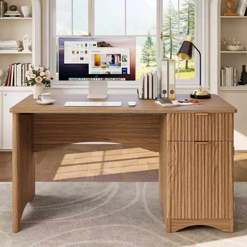 Bureau informatique 47 po avec tiroir, bureau moderne pour la maison avec armoire de rangement, bureau d'étude cannelé pour petits espaces