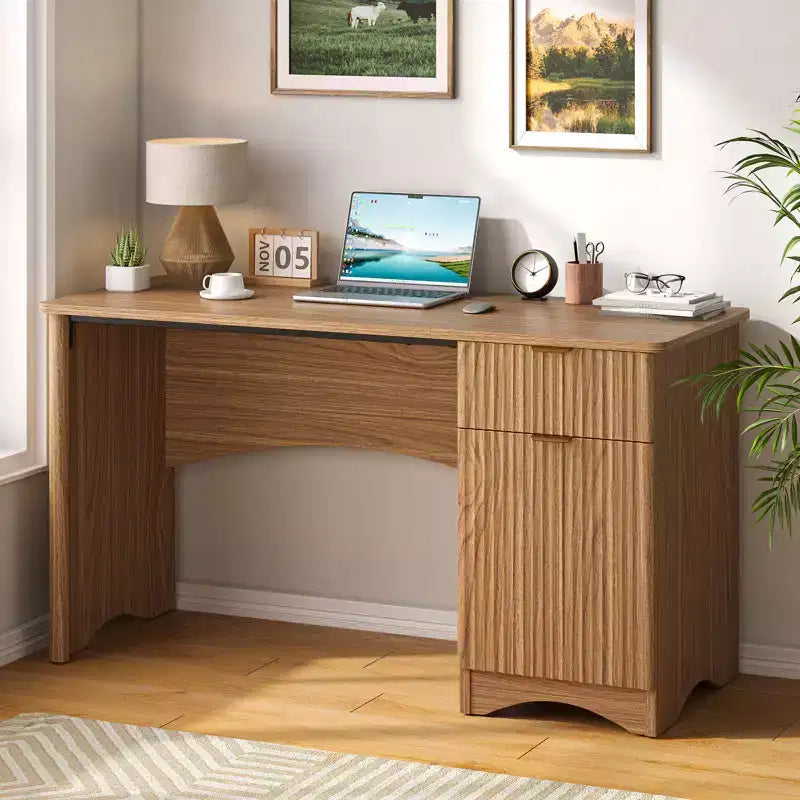 Bestier 47 Computer Desk with Drawer, Modern Home Office Desk with Storage Cabinet, Fluted PC Study Writing Desk for Small Spaces