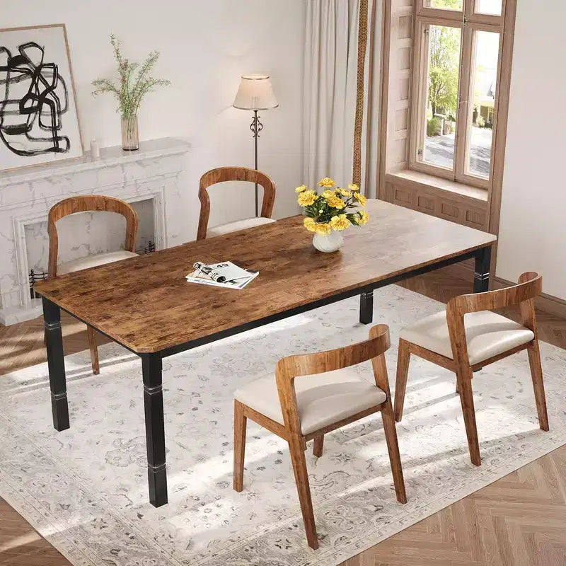 Table de salle à manger de ferme pour 6-8 personnes, table de cuisine industrielle rustique avec cadre métallique robuste et coins chanfreinés, pour salle à manger ou coin-repas