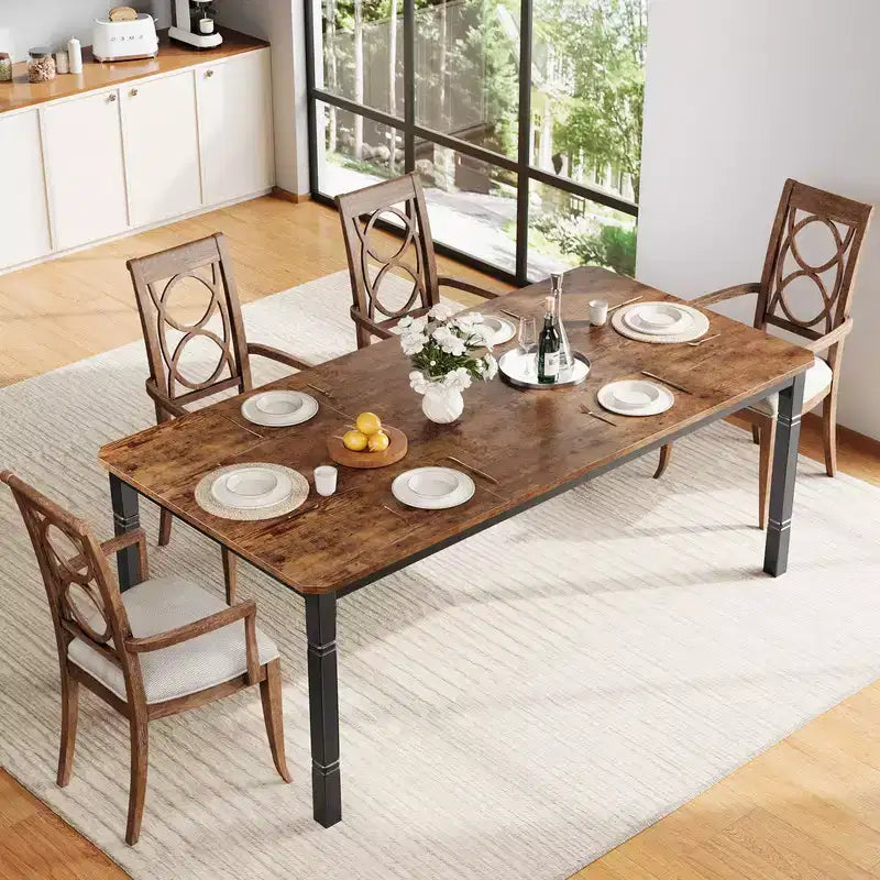 Coolmee Farmhouse Dining Table for 6-8 People, Rustic Industrial Kitchen Table with Sturdy Metal Frame &amp; Chamfered Corners Dining Room Breakfast Nook