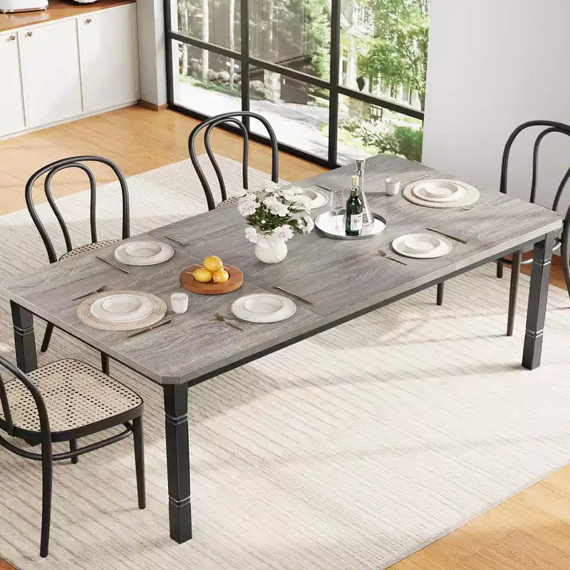 Table de salle à manger de ferme pour 6-8 personnes, table de cuisine industrielle rustique avec cadre métallique robuste et coins chanfreinés, pour salle à manger ou coin-repas