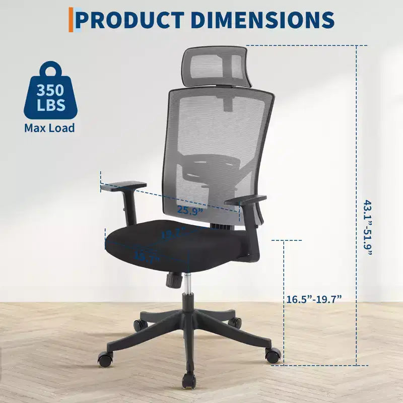 Chaise de bureau ergonomique à dossier haut, soutien lombaire dynamique, appui-tête réglable, dossier haut inclinable, capacité de 158 kg, pour la maison ou le bureau