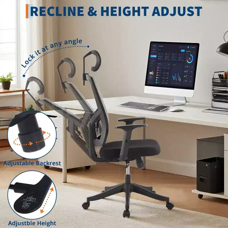 Chaise de bureau ergonomique à dossier haut, soutien lombaire dynamique, appui-tête réglable, dossier haut inclinable, capacité de 158 kg, pour la maison ou le bureau