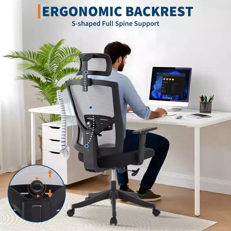 Chaise de bureau ergonomique à dossier haut, soutien lombaire dynamique, appui-tête réglable, dossier haut inclinable, capacité de 158 kg, pour la maison ou le bureau