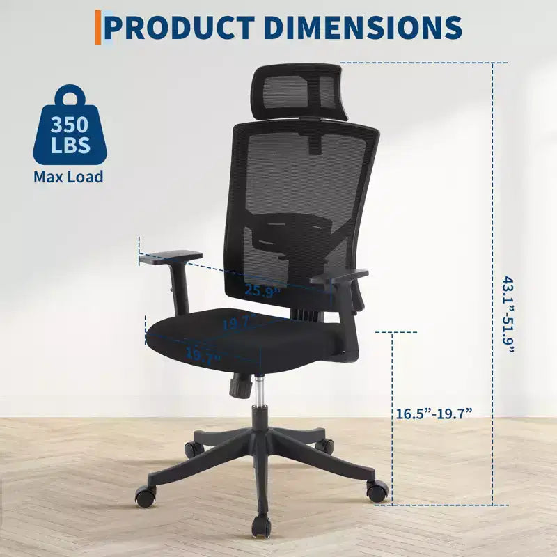 Chaise de bureau ergonomique à dossier haut, soutien lombaire dynamique, appui-tête réglable, dossier haut inclinable, capacité de 158 kg, pour la maison ou le bureau