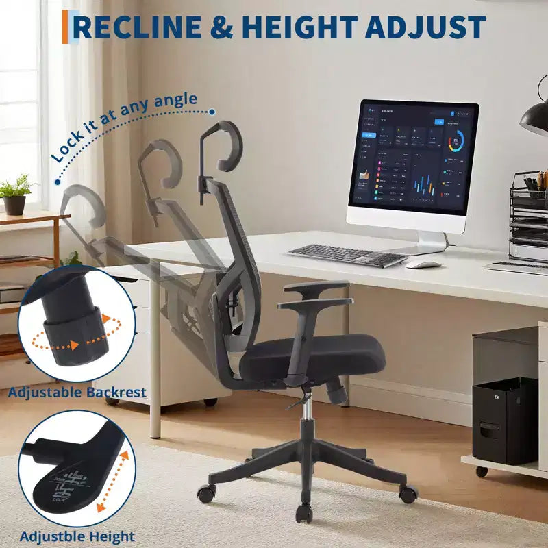 Chaise de bureau ergonomique à dossier haut, soutien lombaire dynamique, appui-tête réglable, dossier haut inclinable, capacité de 158 kg, pour la maison ou le bureau