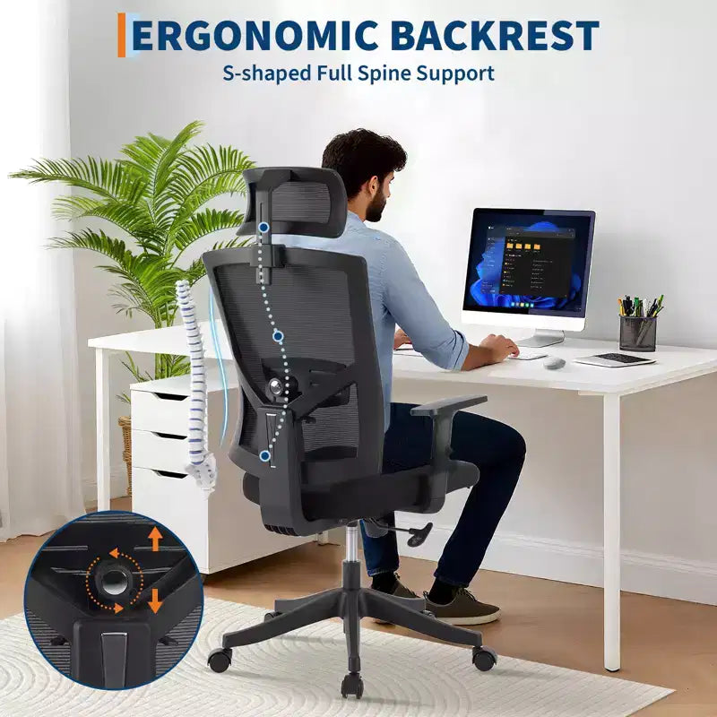 Chaise de bureau ergonomique à dossier haut, soutien lombaire dynamique, appui-tête réglable, dossier haut inclinable, capacité de 158 kg, pour la maison ou le bureau