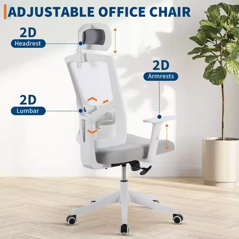 Chaise de bureau ergonomique en maille à dossier haut, accoudoirs relevables, appui-tête et support lombaire réglables, avec roulettes, pour bureau à domicile