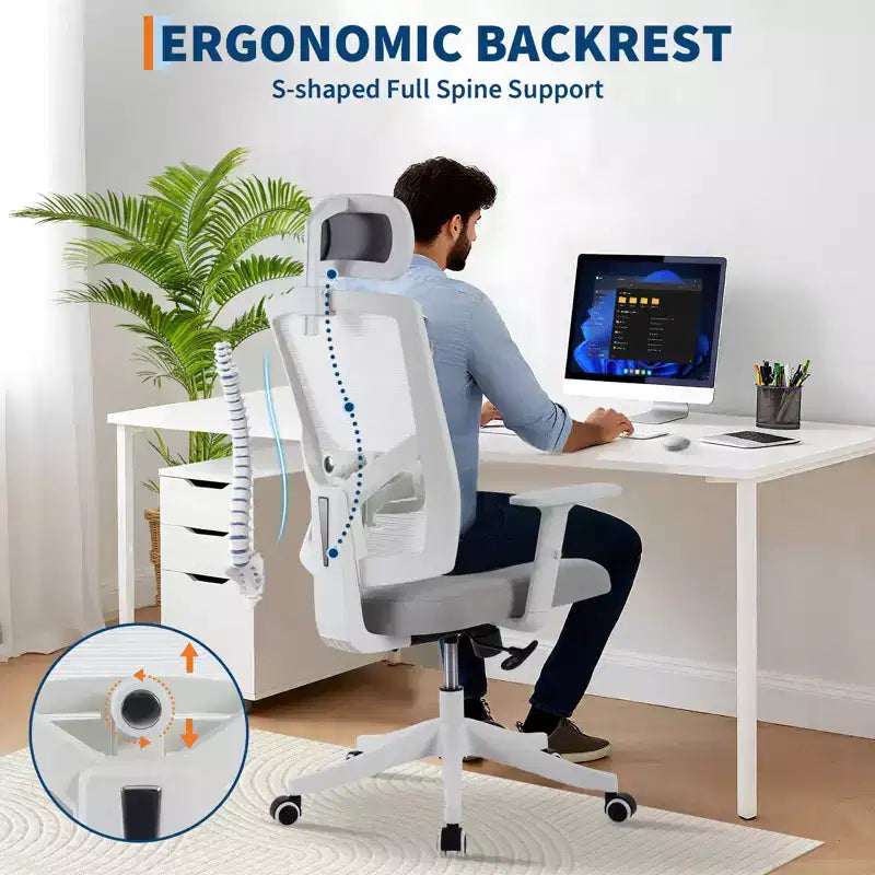 Chaise de bureau ergonomique en maille à dossier haut, accoudoirs relevables, appui-tête et support lombaire réglables, avec roulettes, pour bureau à domicile