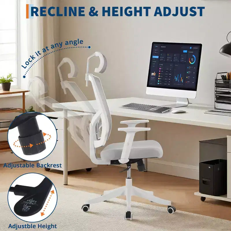 Chaise de bureau ergonomique en maille à dossier haut, accoudoirs relevables, appui-tête et support lombaire réglables, avec roulettes, pour bureau à domicile