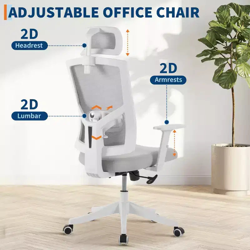 Chaise de bureau ergonomique en maille à dossier haut, accoudoirs relevables, appui-tête et support lombaire réglables, avec roulettes, pour bureau à domicile