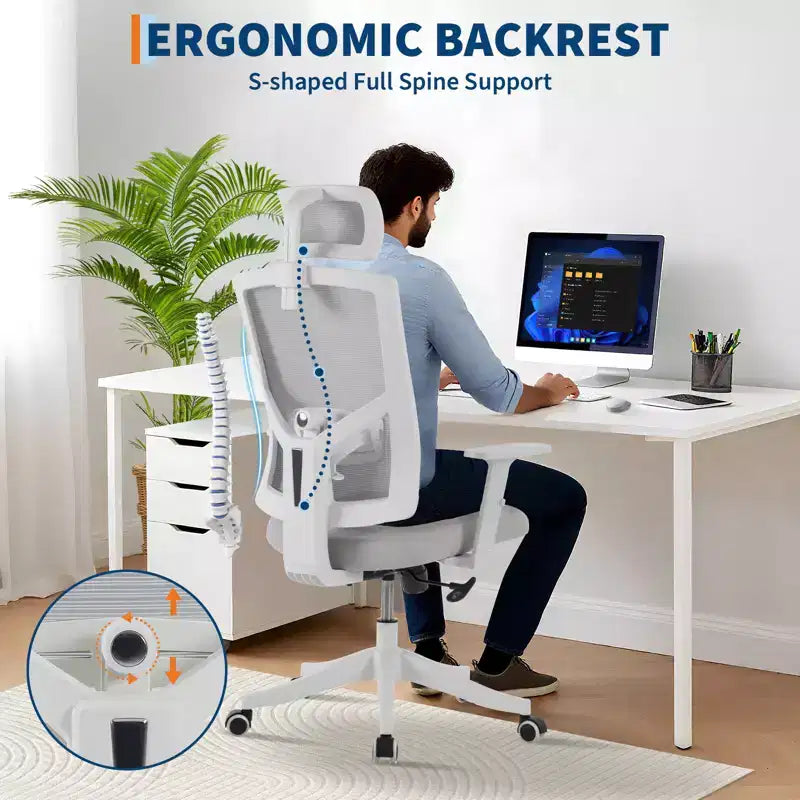 Chaise de bureau ergonomique en maille à dossier haut, accoudoirs relevables, appui-tête et support lombaire réglables, avec roulettes, pour bureau à domicile