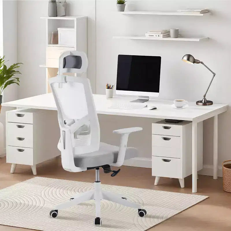 Chaise de bureau ergonomique en maille à dossier haut, accoudoirs relevables, appui-tête et support lombaire réglables, avec roulettes, pour bureau à domicile