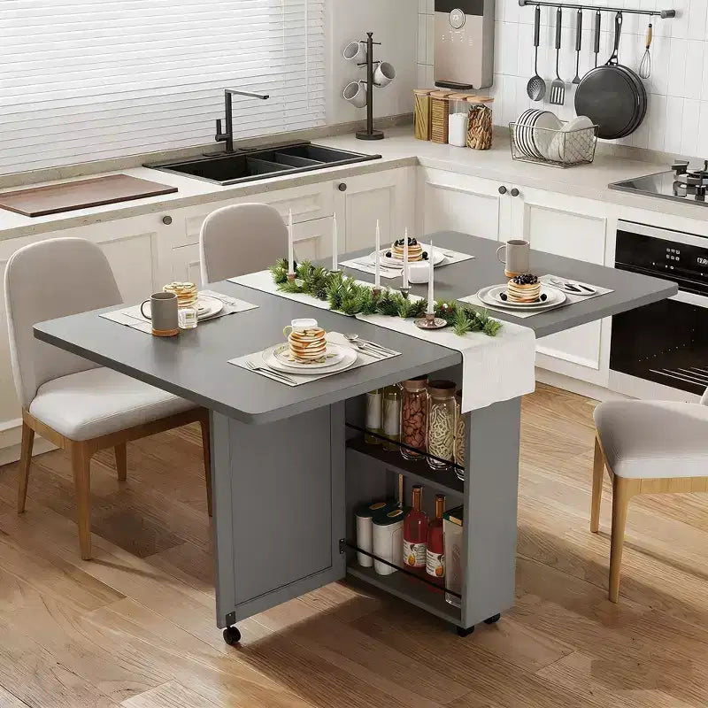 Table à manger pliante de 51 pouces de large avec étagères de rangement, table de cuisine à abattants sur roulettes, table extensible peu encombrante pour petits espaces