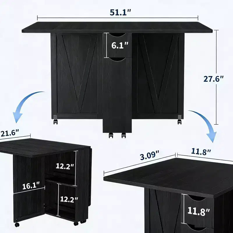Table à manger pliante de 51 pouces de large avec étagères de rangement, table de cuisine à abattants sur roulettes, table extensible peu encombrante pour petits espaces