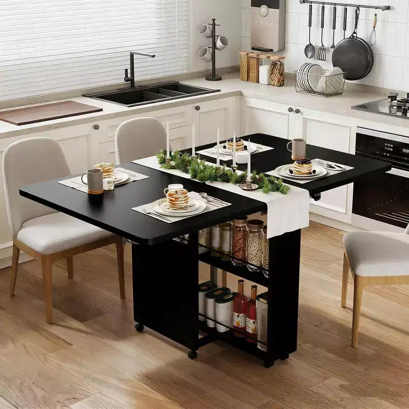 Table à manger pliante de 51 pouces de large avec étagères de rangement, table de cuisine à abattants sur roulettes, table extensible peu encombrante pour petits espaces