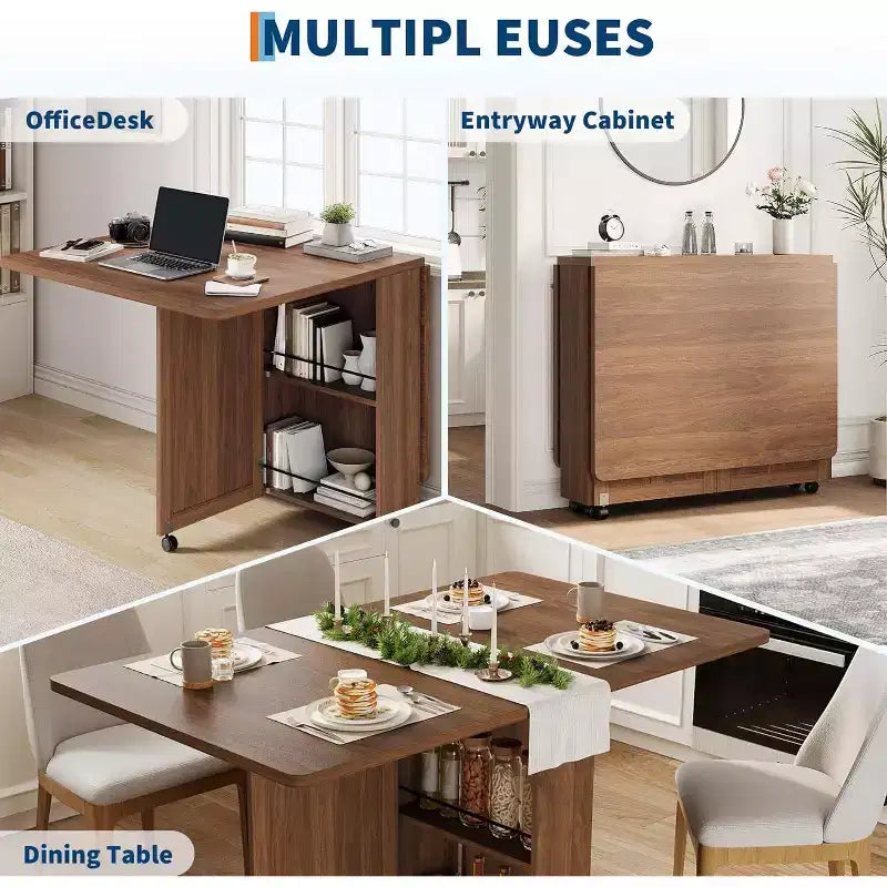 Table à manger pliante de 51 pouces de large avec étagères de rangement, table de cuisine à abattants sur roulettes, table extensible peu encombrante pour petits espaces