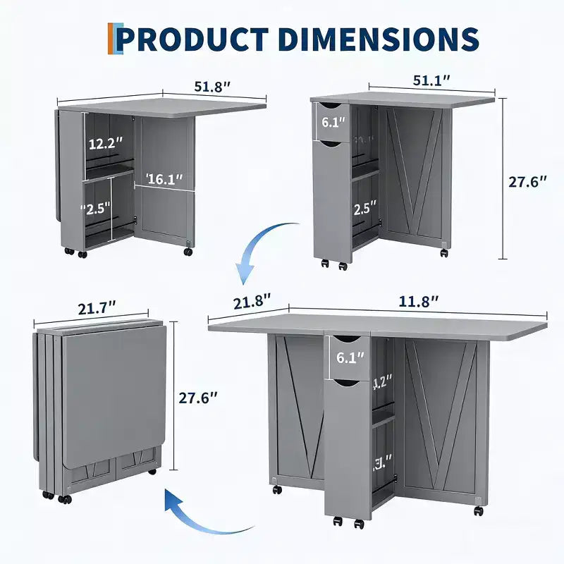 Table à manger pliante de 51 pouces de large avec étagères de rangement, table de cuisine à abattants sur roulettes, table extensible peu encombrante pour petits espaces