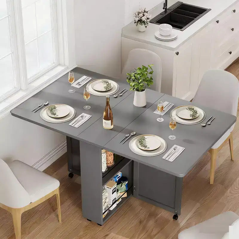 Table à manger pliante de 51 pouces de large avec étagères de rangement, table de cuisine à abattants sur roulettes, table extensible peu encombrante pour petits espaces