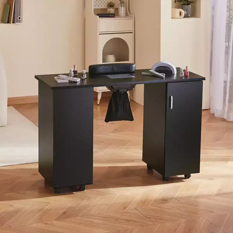 Professional Manicure Table with Dust Collector 8 Wheels Wrist Rest and Storage Cabinet Black