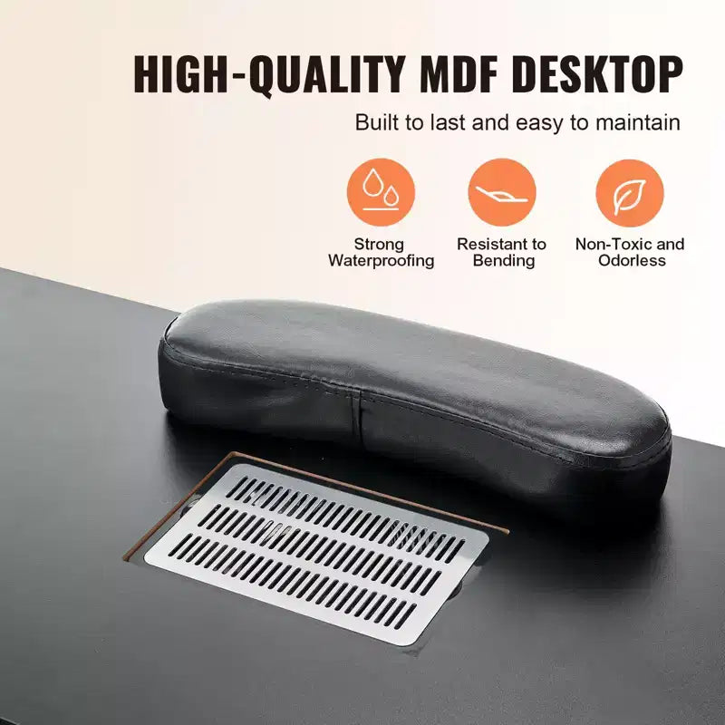 Table de manucure professionnelle avec collecteur de poussière, 8 roulettes, repose-poignet et meuble de rangement noir