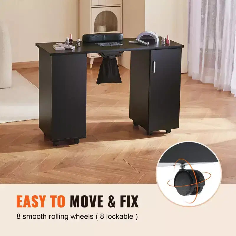 Table de manucure professionnelle avec collecteur de poussière, 8 roulettes, repose-poignet et meuble de rangement noir