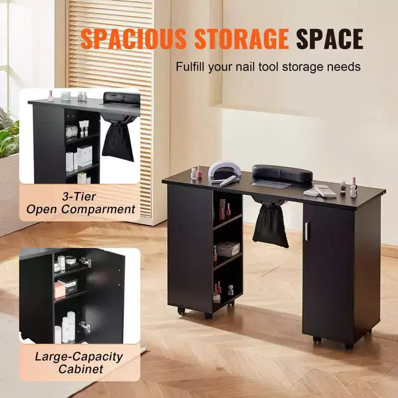 Table de manucure professionnelle avec collecteur de poussière, 8 roulettes, repose-poignet et meuble de rangement noir