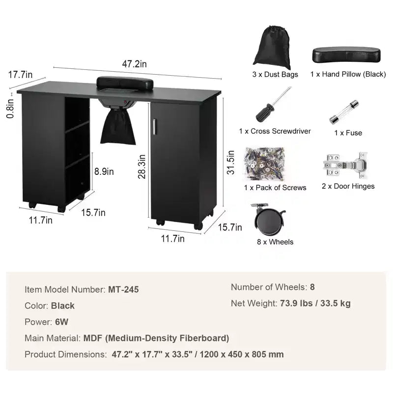 Table de manucure professionnelle avec collecteur de poussière, 8 roulettes, repose-poignet et meuble de rangement noir