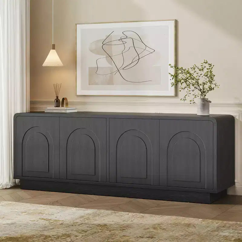 Meuble TV de 160 cm pour téléviseur de 55/60/65 pouces, console TV de 178 cm avec 2 portes et rangement ouvert, table console basse et moyenne à cannelures