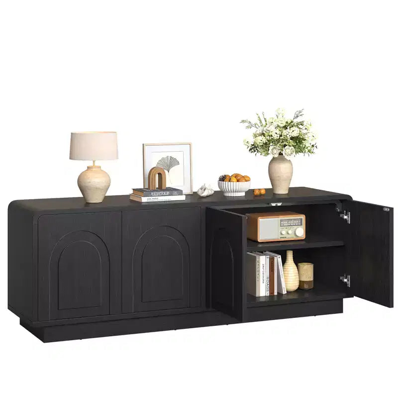 Meuble TV de 160 cm pour téléviseur de 55/60/65 pouces, console TV de 178 cm avec 2 portes et rangement ouvert, table console basse et moyenne à cannelures
