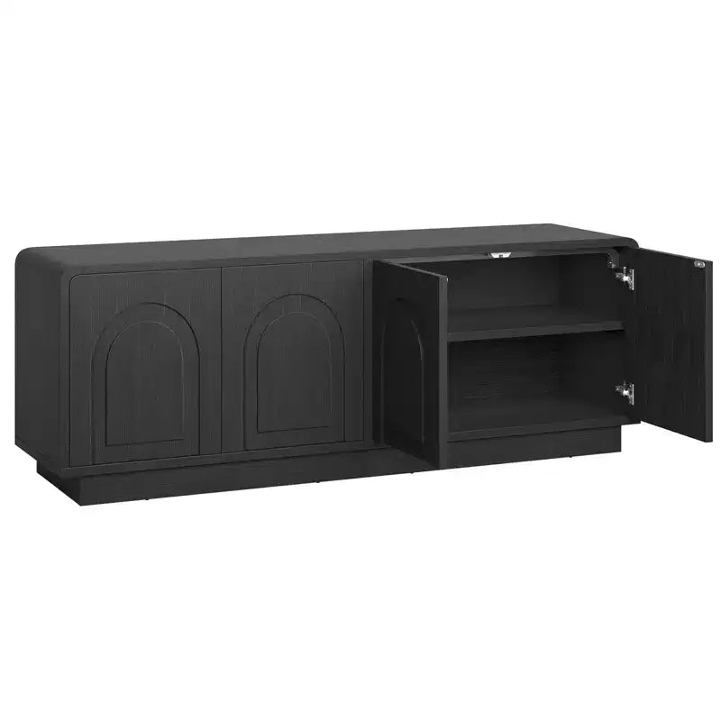 Meuble TV de 160 cm pour téléviseur de 55/60/65 pouces, console TV de 178 cm avec 2 portes et rangement ouvert, table console basse et moyenne à cannelures