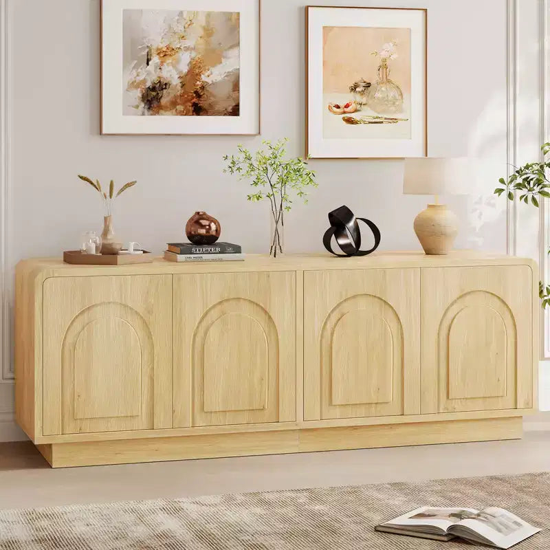 Meuble TV de 160 cm pour téléviseur de 55/60/65 pouces, console TV de 178 cm avec 2 portes et rangement ouvert, table console basse et moyenne à cannelures