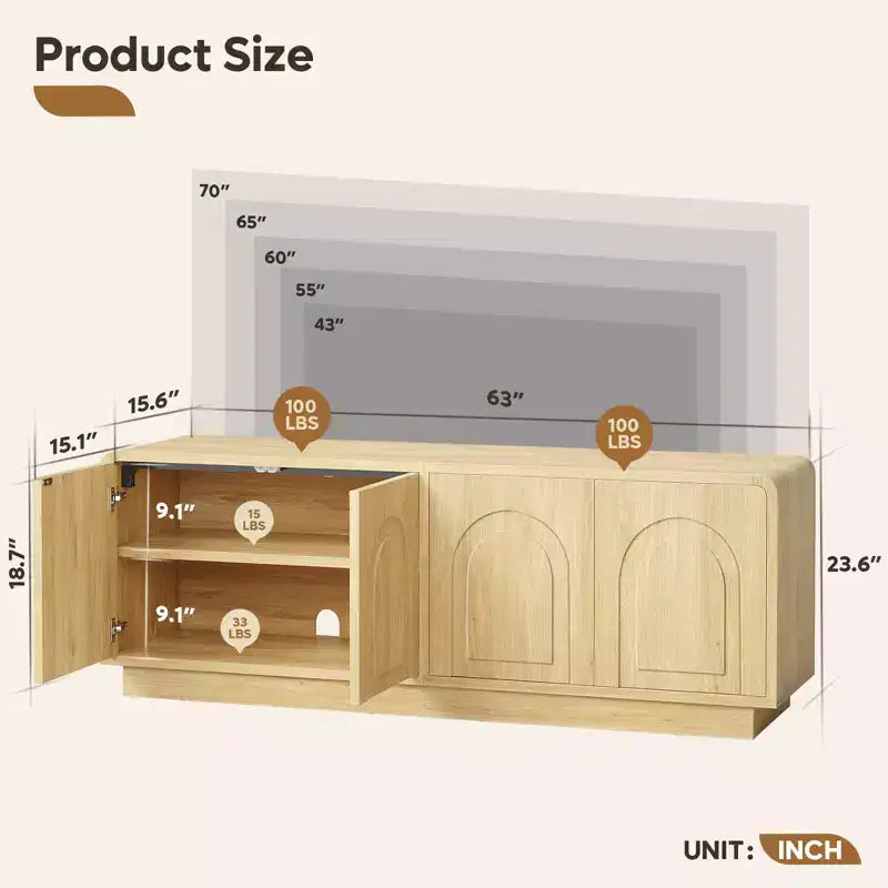 Meuble TV de 160 cm pour téléviseur de 55/60/65 pouces, console TV de 178 cm avec 2 portes et rangement ouvert, table console basse et moyenne à cannelures