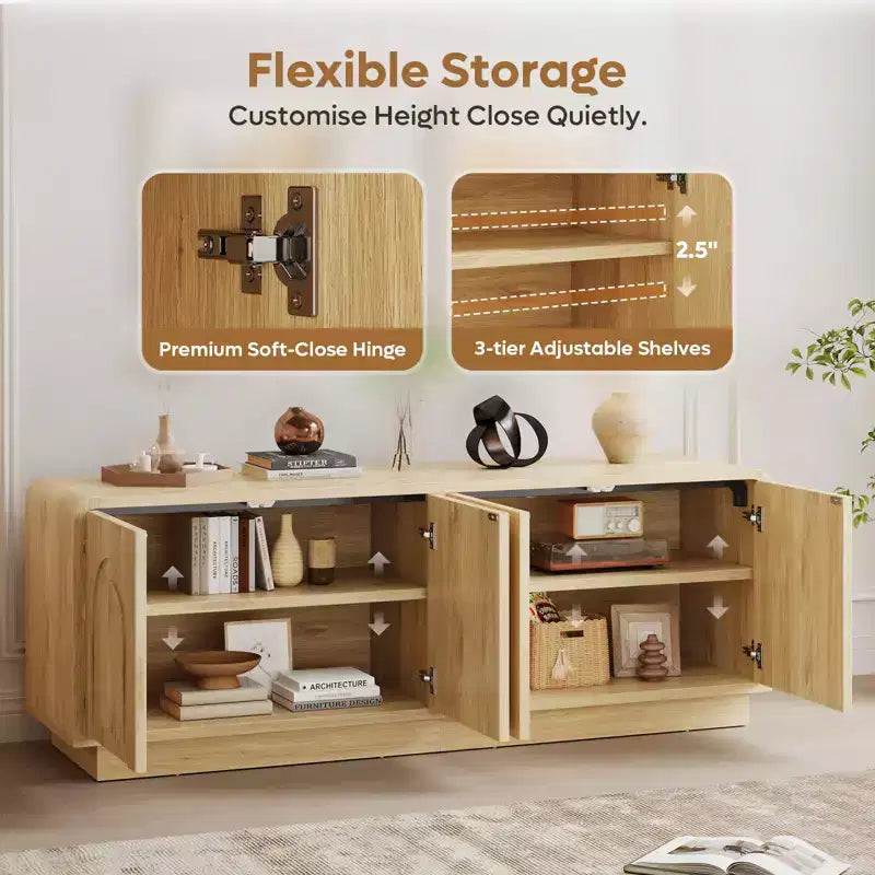Meuble TV de 160 cm pour téléviseur de 55/60/65 pouces, console TV de 178 cm avec 2 portes et rangement ouvert, table console basse et moyenne à cannelures