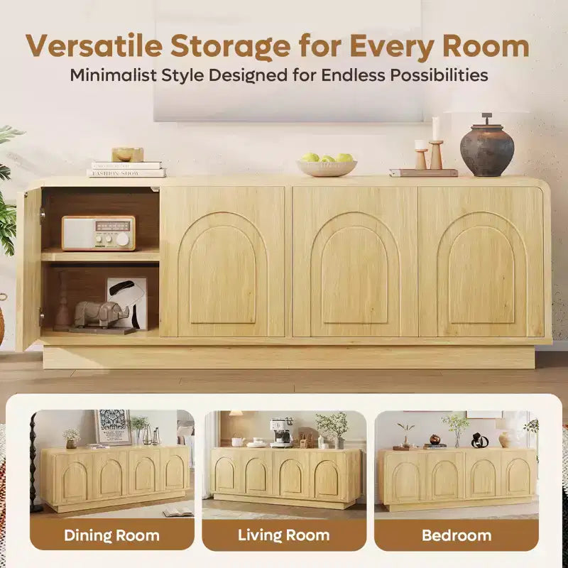 Meuble TV de 160 cm pour téléviseur de 55/60/65 pouces, console TV de 178 cm avec 2 portes et rangement ouvert, table console basse et moyenne à cannelures