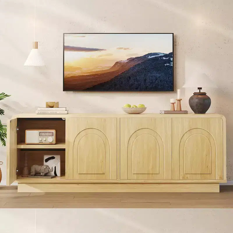 Meuble TV de 160 cm pour téléviseur de 55/60/65 pouces, console TV de 178 cm avec 2 portes et rangement ouvert, table console basse et moyenne à cannelures