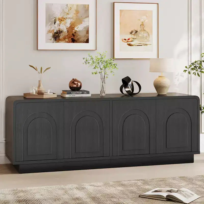 Meuble TV de 160 cm pour téléviseur de 55/60/65 pouces, console TV de 178 cm avec 2 portes et rangement ouvert, table console basse et moyenne à cannelures