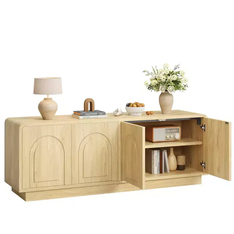 Meuble TV de 160 cm pour téléviseur de 55/60/65 pouces, console TV de 178 cm avec 2 portes et rangement ouvert, table console basse et moyenne à cannelures