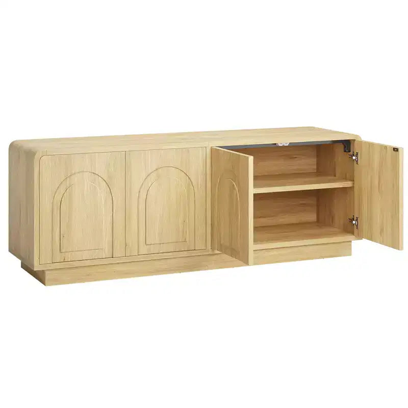 Meuble TV de 160 cm pour téléviseur de 55/60/65 pouces, console TV de 178 cm avec 2 portes et rangement ouvert, table console basse et moyenne à cannelures