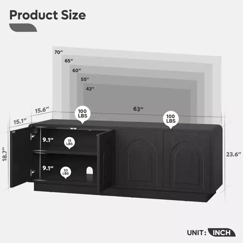 Meuble TV de 160 cm pour téléviseur de 55/60/65 pouces, console TV de 178 cm avec 2 portes et rangement ouvert, table console basse et moyenne à cannelures