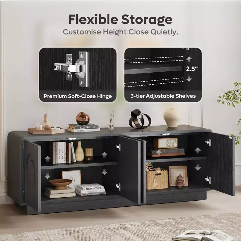 Meuble TV de 160 cm pour téléviseur de 55/60/65 pouces, console TV de 178 cm avec 2 portes et rangement ouvert, table console basse et moyenne à cannelures