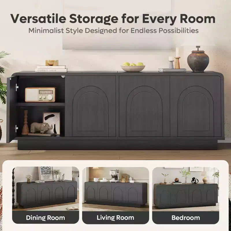 Meuble TV de 160 cm pour téléviseur de 55/60/65 pouces, console TV de 178 cm avec 2 portes et rangement ouvert, table console basse et moyenne à cannelures