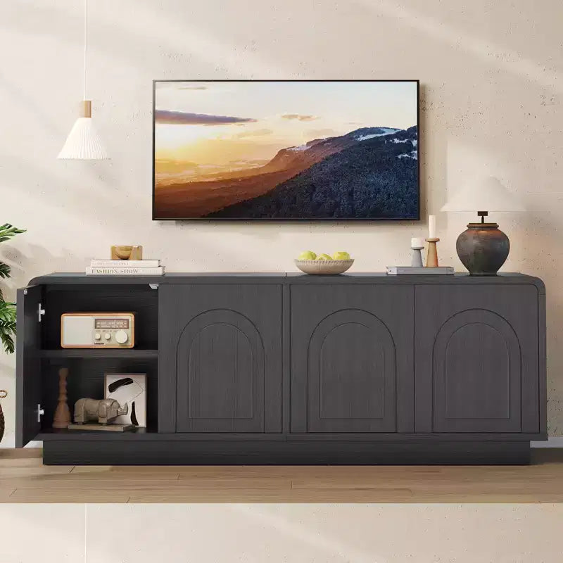 Meuble TV de 160 cm pour téléviseur de 55/60/65 pouces, console TV de 178 cm avec 2 portes et rangement ouvert, table console basse et moyenne à cannelures